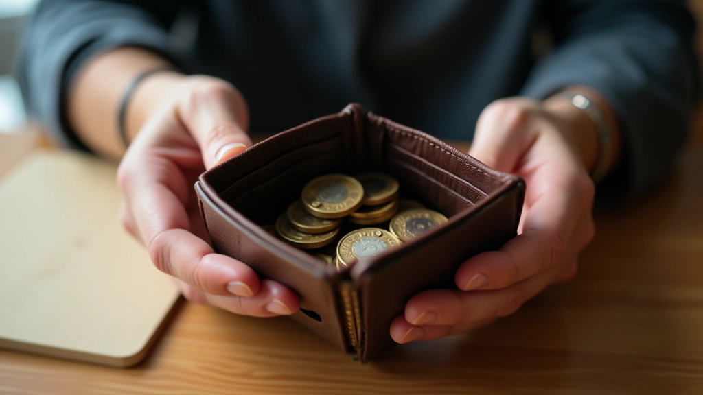 Personne tenant un portefeuille ouvert, fond de pièces de monnaie floues, gros plan détaillé