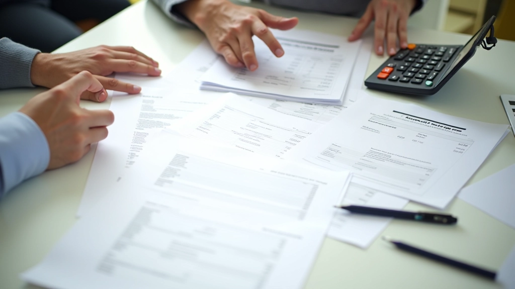 Vue d'ensemble d'un espace de travail dédié à la planification financière avec documents organisés et calculatrice