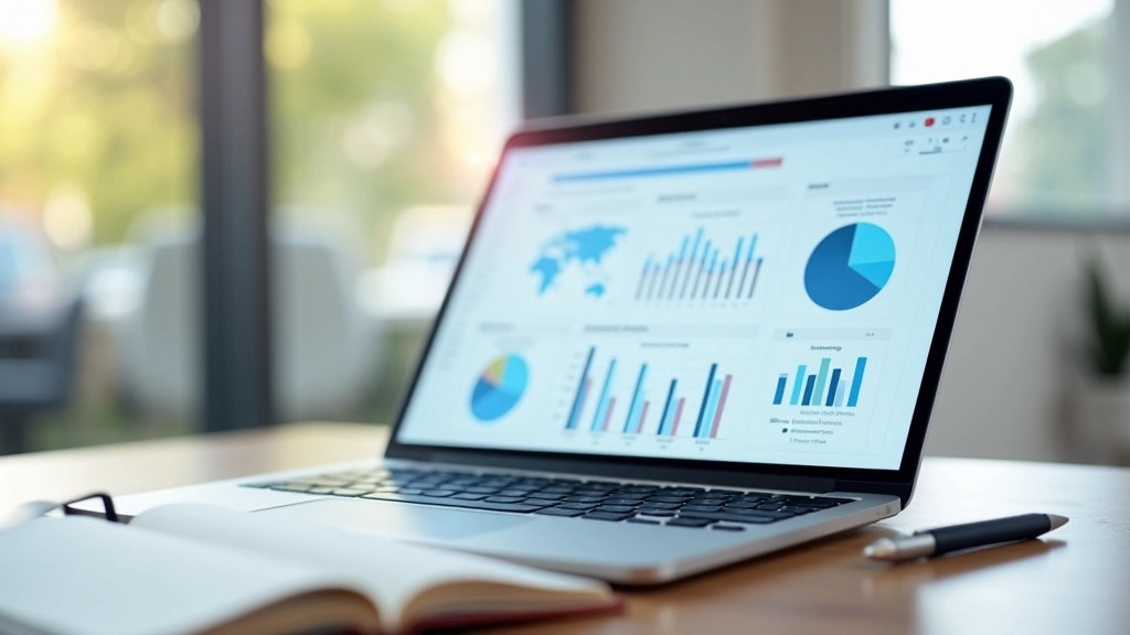 Tableau de bord d'une application financière avec graphiques, statistiques et alertes, écran d'ordinateur portable en position de bureau