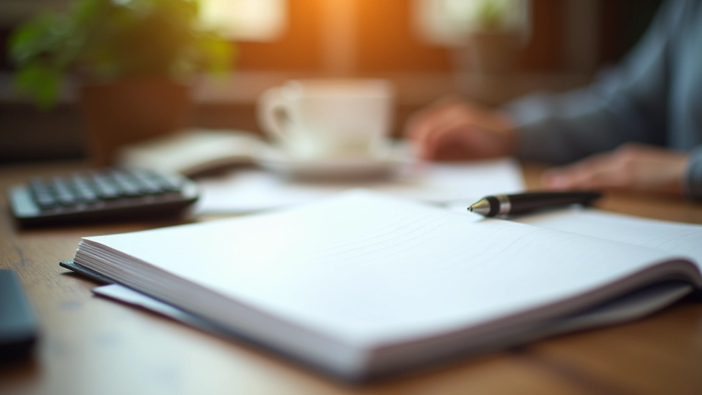 Carnet de suivi des dépenses avec stylo et calculatrice, bureau organisé avec café