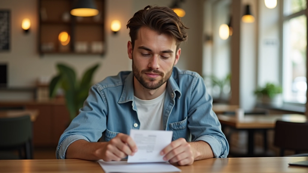 Personne dans un café, tenant un reçu de paiement, vue de profil, bonne lumière naturelle