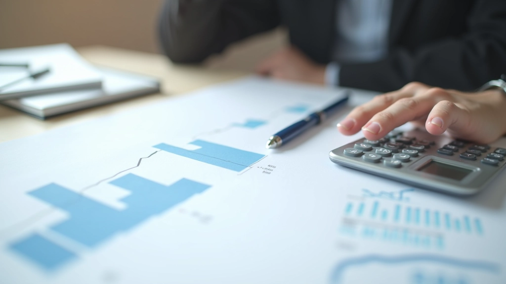 Graphique imprimé et calculatrice posés sur une table, avec des documents financiers