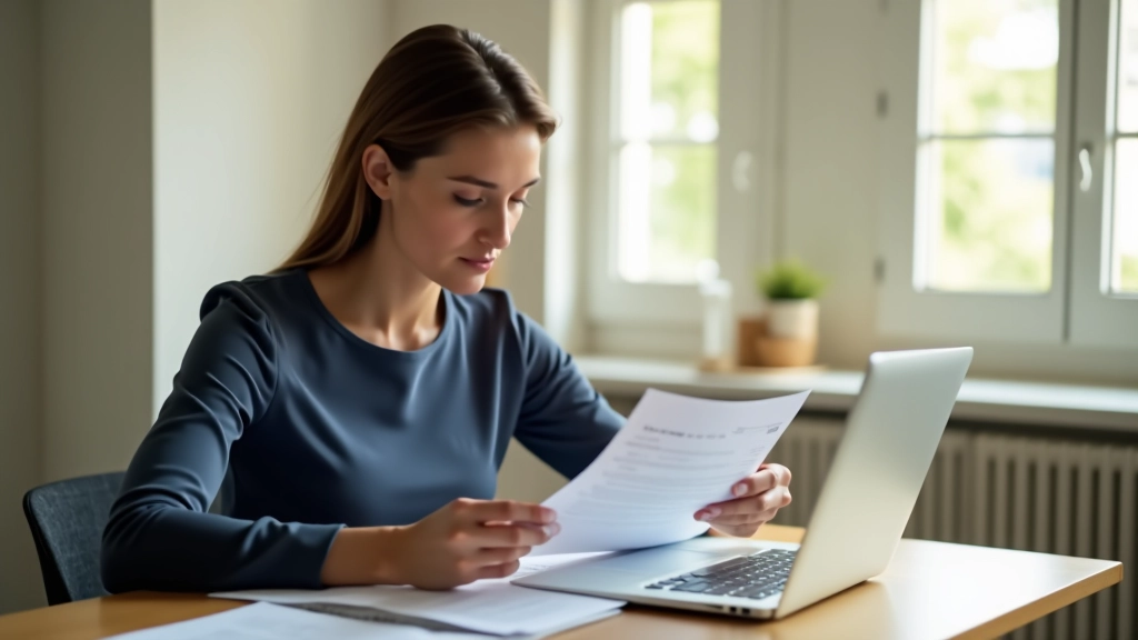 Personne examinant les relevés bancaires sur ordinateur portable, documents financiers visibles